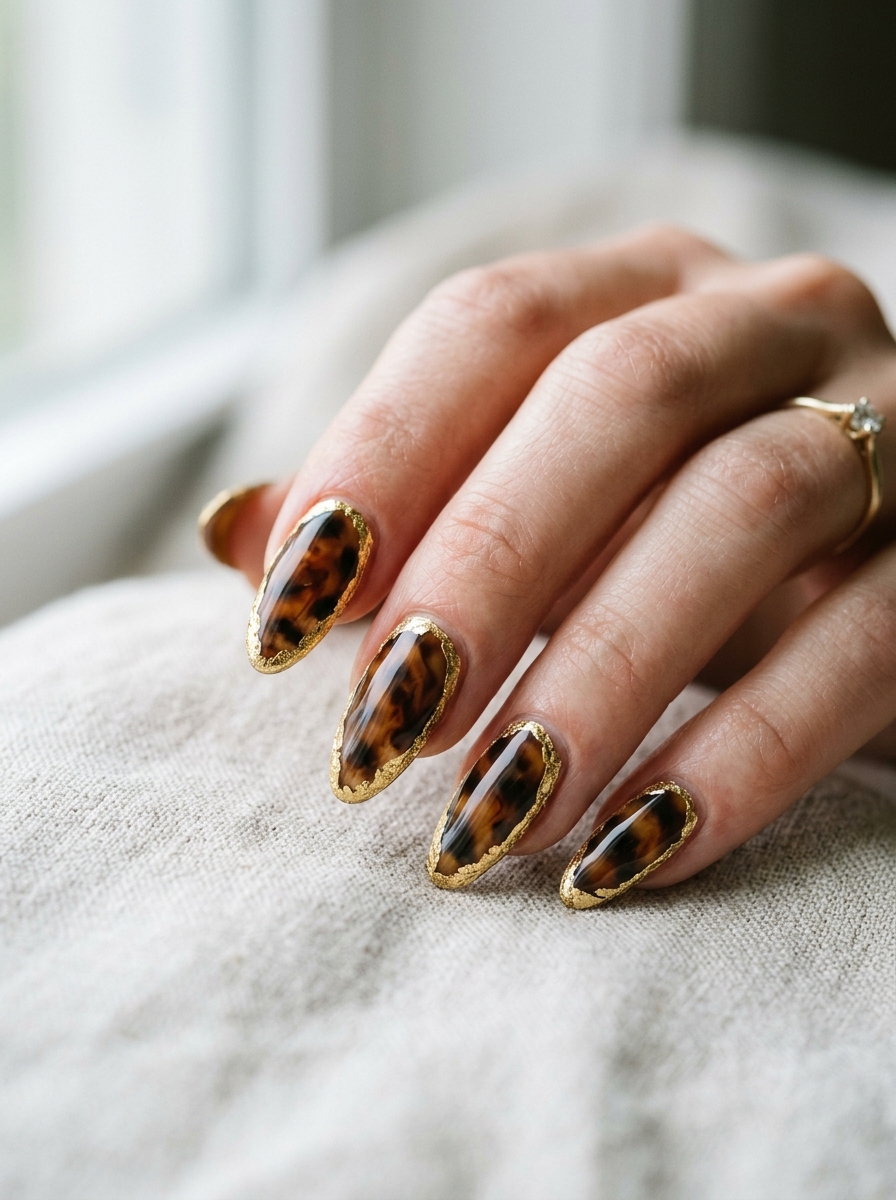 Smoky Tortoiseshell Nails Framed with 24k Gold Leaf - cozy brown nails mocha latte design