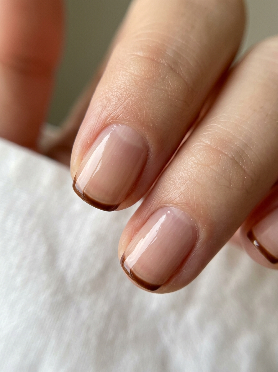 Micro-Thin Chestnut Brown French on Bare Nails - cozy brown nails mocha latte design
