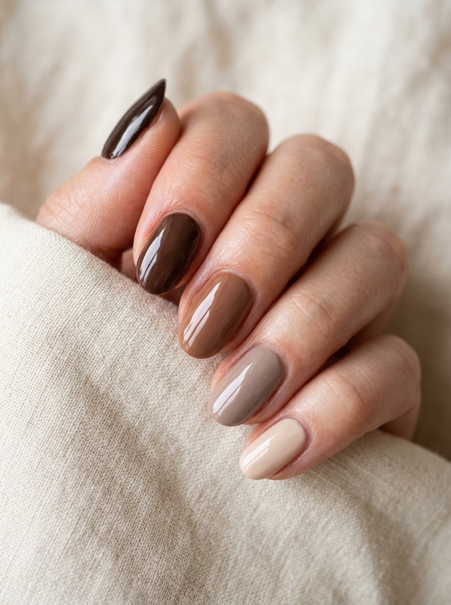 Skittle Gradient of Espresso to Oat Milk French Tips - cozy brown nails mocha latte design