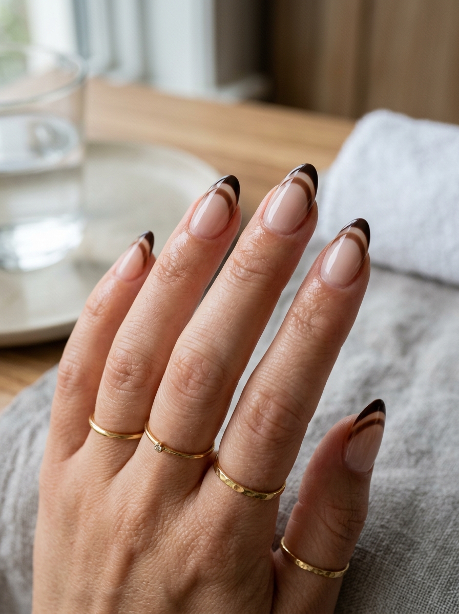 Double Chocolate French Smile Lines on Milky Nude - cozy brown nails mocha latte design