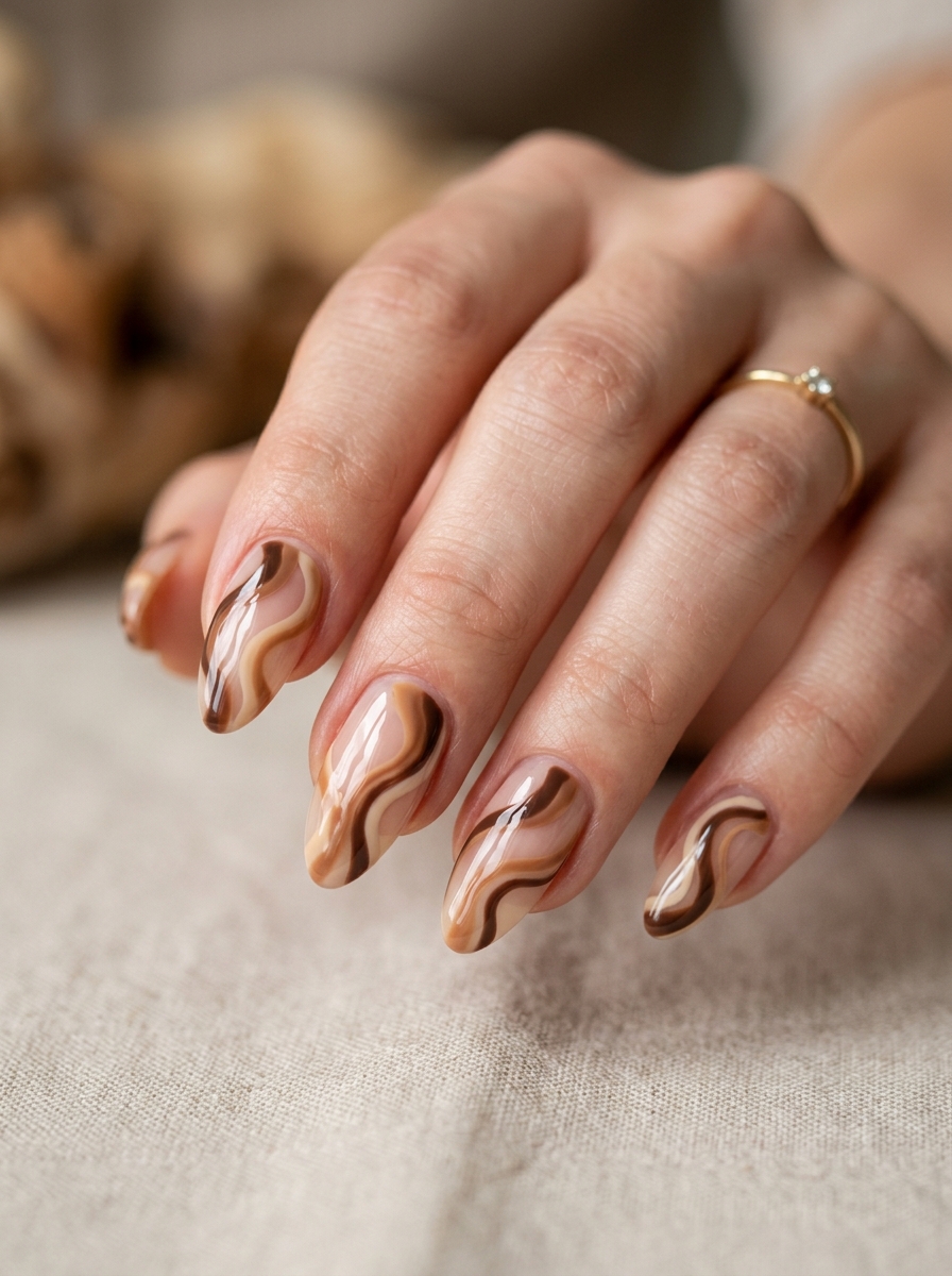 Negative Space Mocha Abstract Waves on Clean Glossy Bed - cozy brown nails mocha latte design