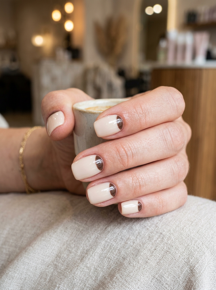 Inverted Mocha Cuticle Half-Moon Cuffs on Pale Cream - cozy brown nails mocha latte design