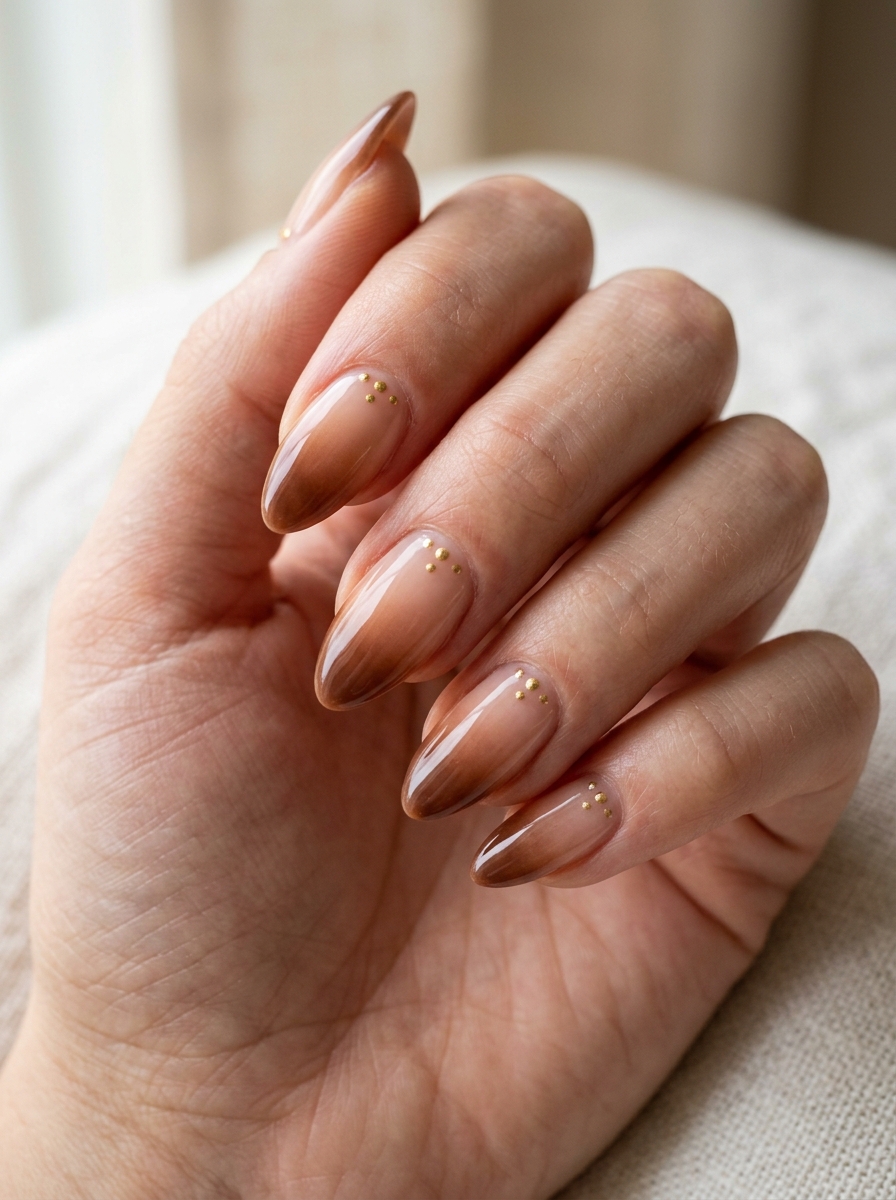 Neutral Brown Ombré Fade with Micro Gold Cuticle Dots - cozy brown nails mocha latte design