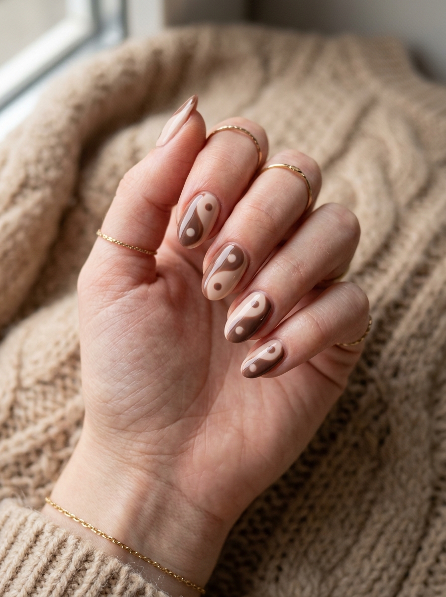 Soft Beige & Warm Cocoa Yin-Yang Swirl Nails - cozy brown nails mocha latte design