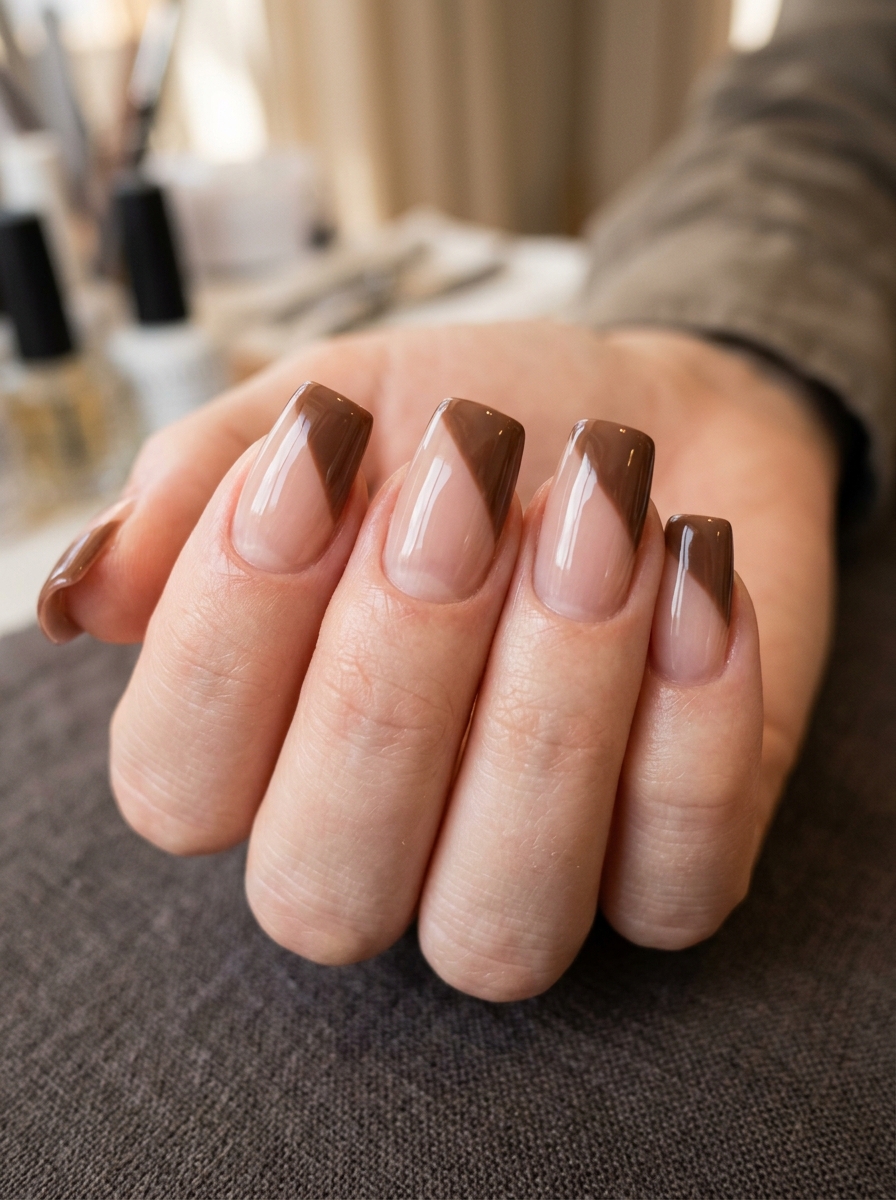Clean Mocha Diagonal French Cut with Bare Negative Base - cozy brown nails mocha latte design