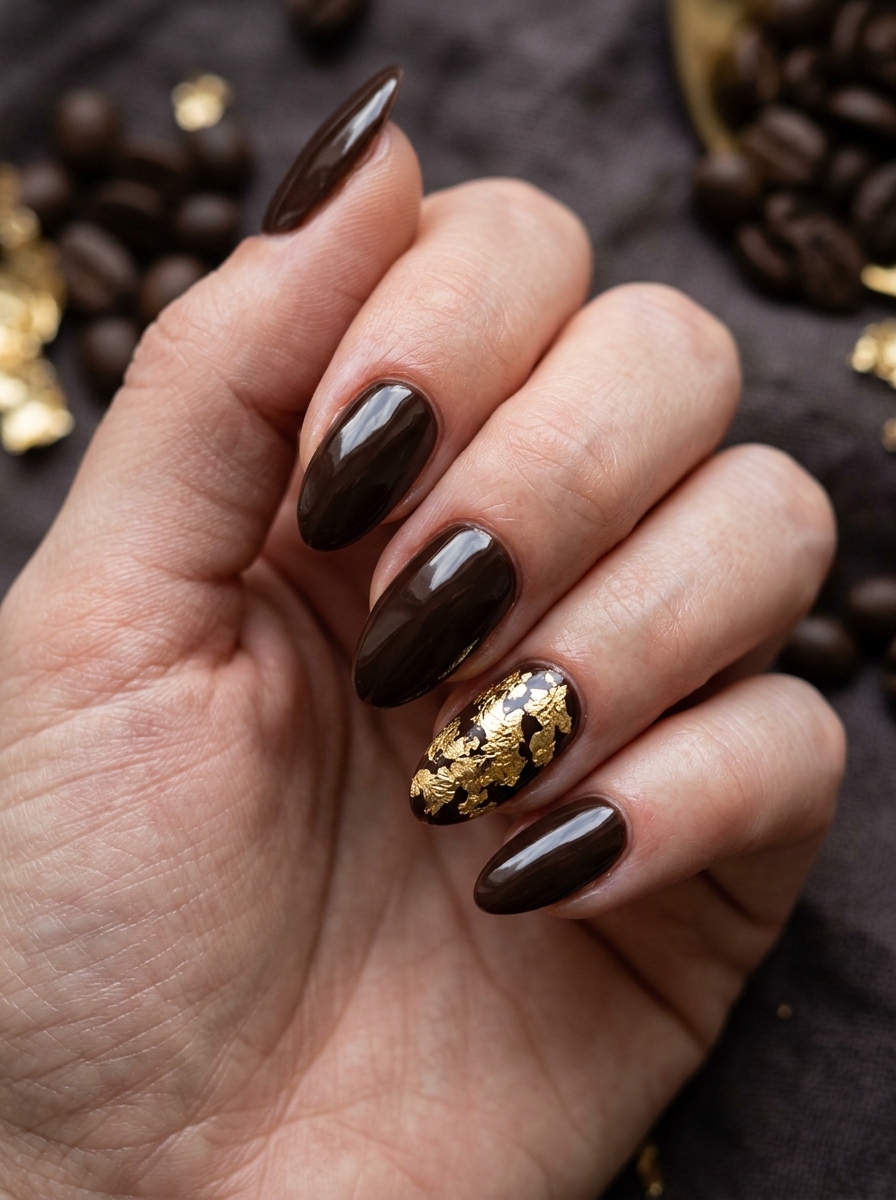 Espresso Gel with Crinkled 24k Gold Foil Accents - cozy brown nails mocha latte design