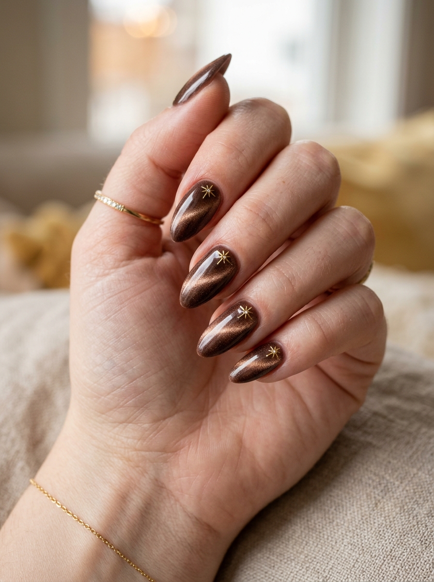 Velvet Mocha Cat-Eye with Gilded Starburst Cuticles - cozy brown nails mocha latte design