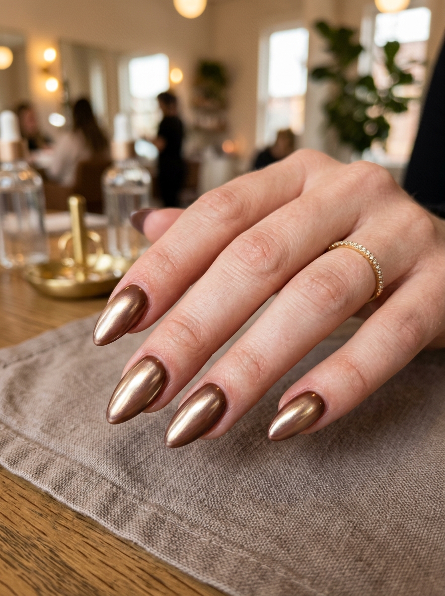 Chocolate Glazed Donut Chrome with Champagne Shimmer - cozy brown nails mocha latte design