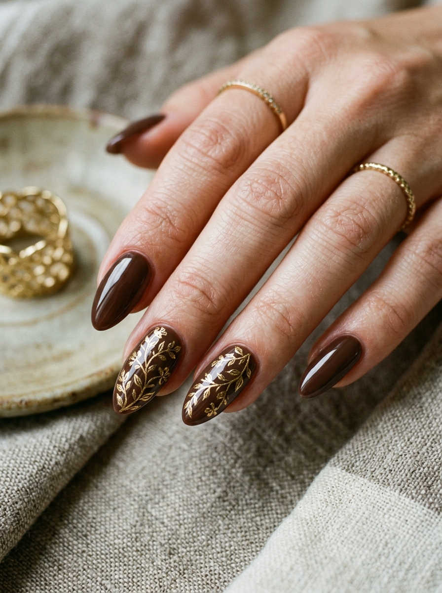 Antique Gold Floral Vines on Deep Mocha Almonds - cozy brown nails mocha latte design