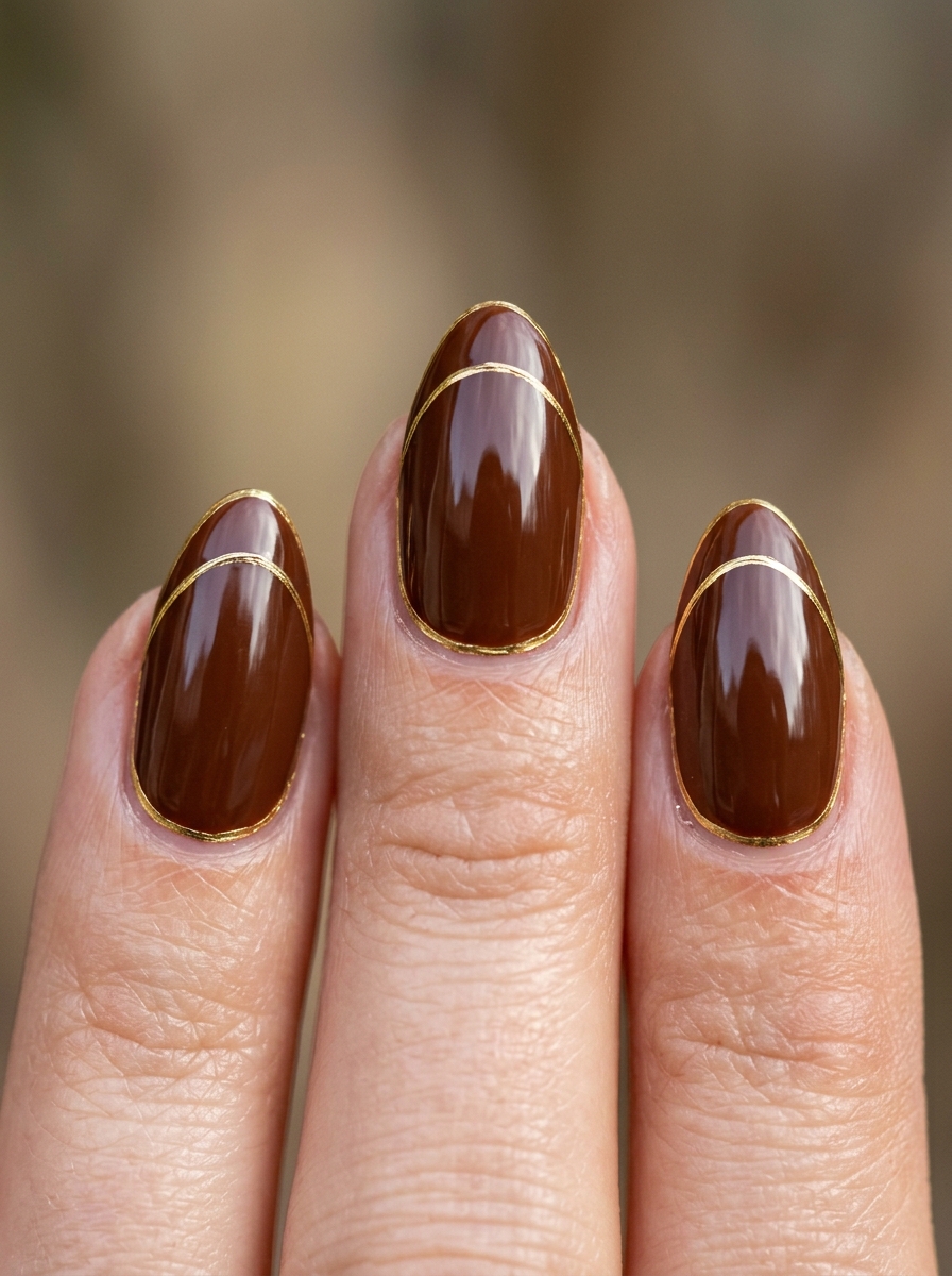 Rich Chestnut Brown with Gilded French Smile Rim Lines - cozy brown nails mocha latte design