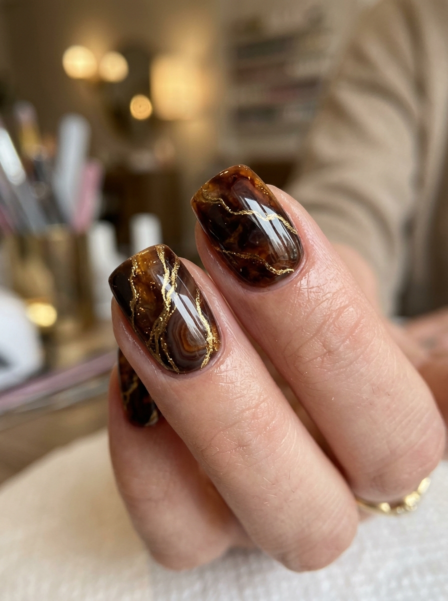 Amber Crystal & Espresso Agate Marble with Gold Seams - cozy brown nails mocha latte design