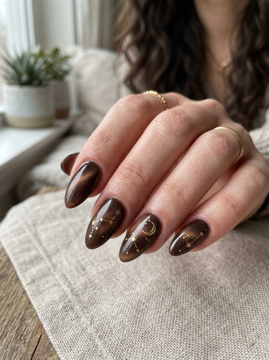 Smoky Toffee Velvet with Gilded Celestial Constellations - cozy brown nails mocha latte design