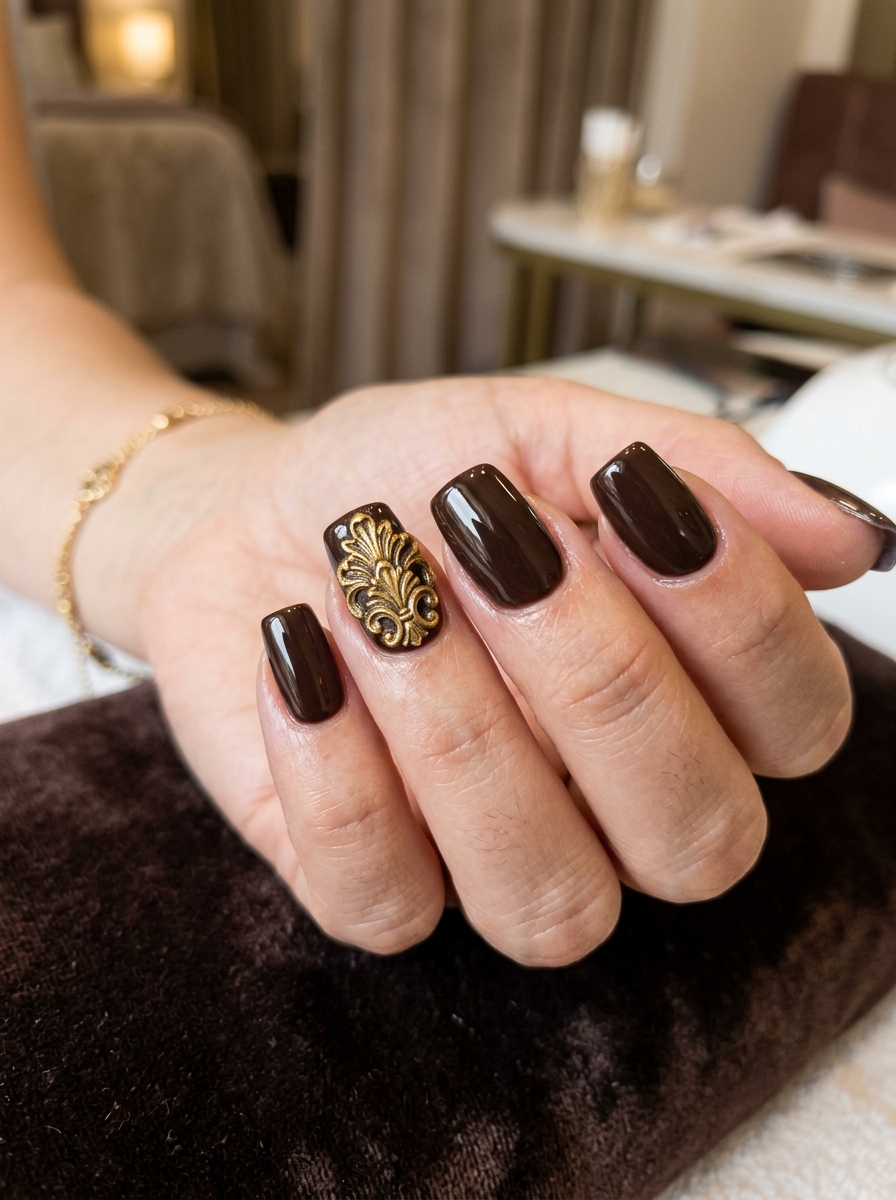 High-Gloss Dark Roast Mocha with Ornate Baroque Leaf Crest - cozy brown nails mocha latte design