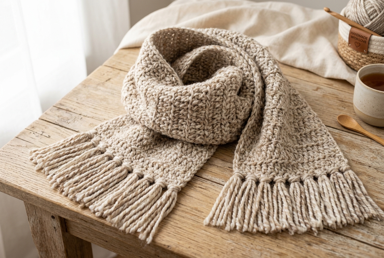Detailed close up of griddle crochet stitch texture and fringe