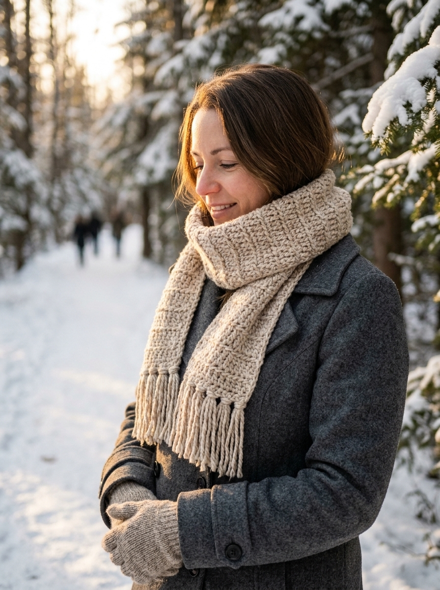 Woman wearing cozy chunky crochet scarf with fringe outdoors