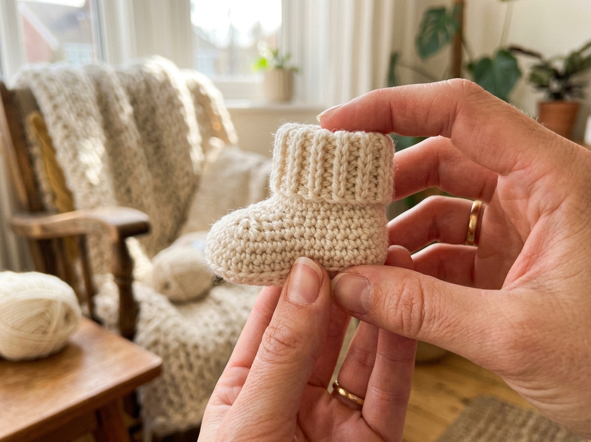 Hands holding a tiny cream crochet newborn baby bootie to show scale
