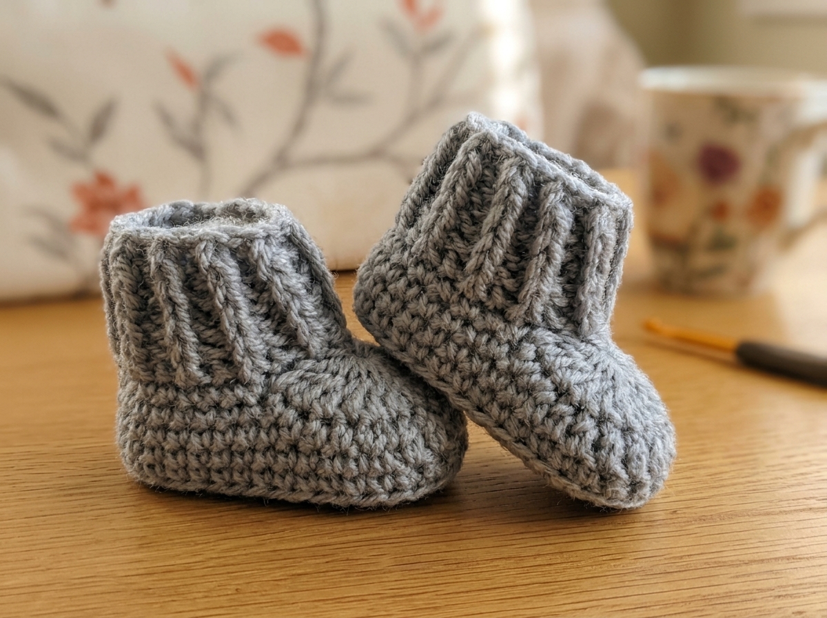 Handmade crochet baby booties in heather gray yarn with ribbed cuffs on a wooden table - crochet baby booties pattern