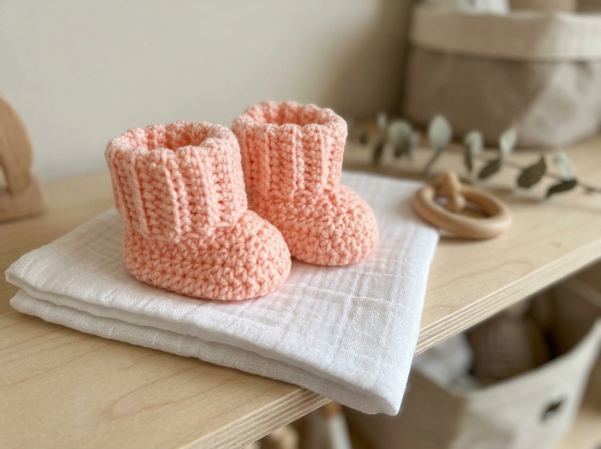 Soft pink crochet newborn baby booties on white muslin swaddle in nursery