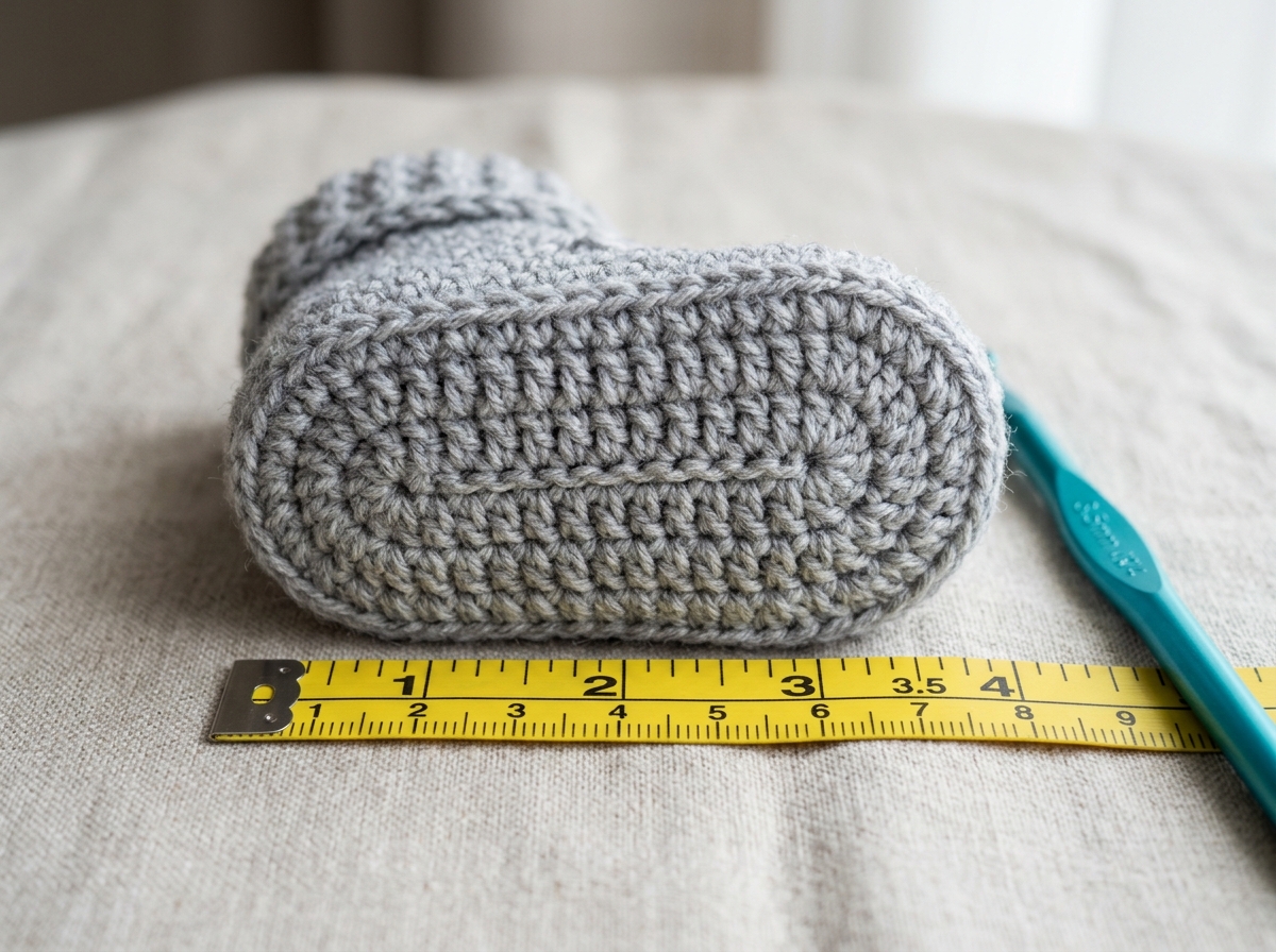 Close-up of crochet baby bootie sole with measuring tape showing 3.5 inches