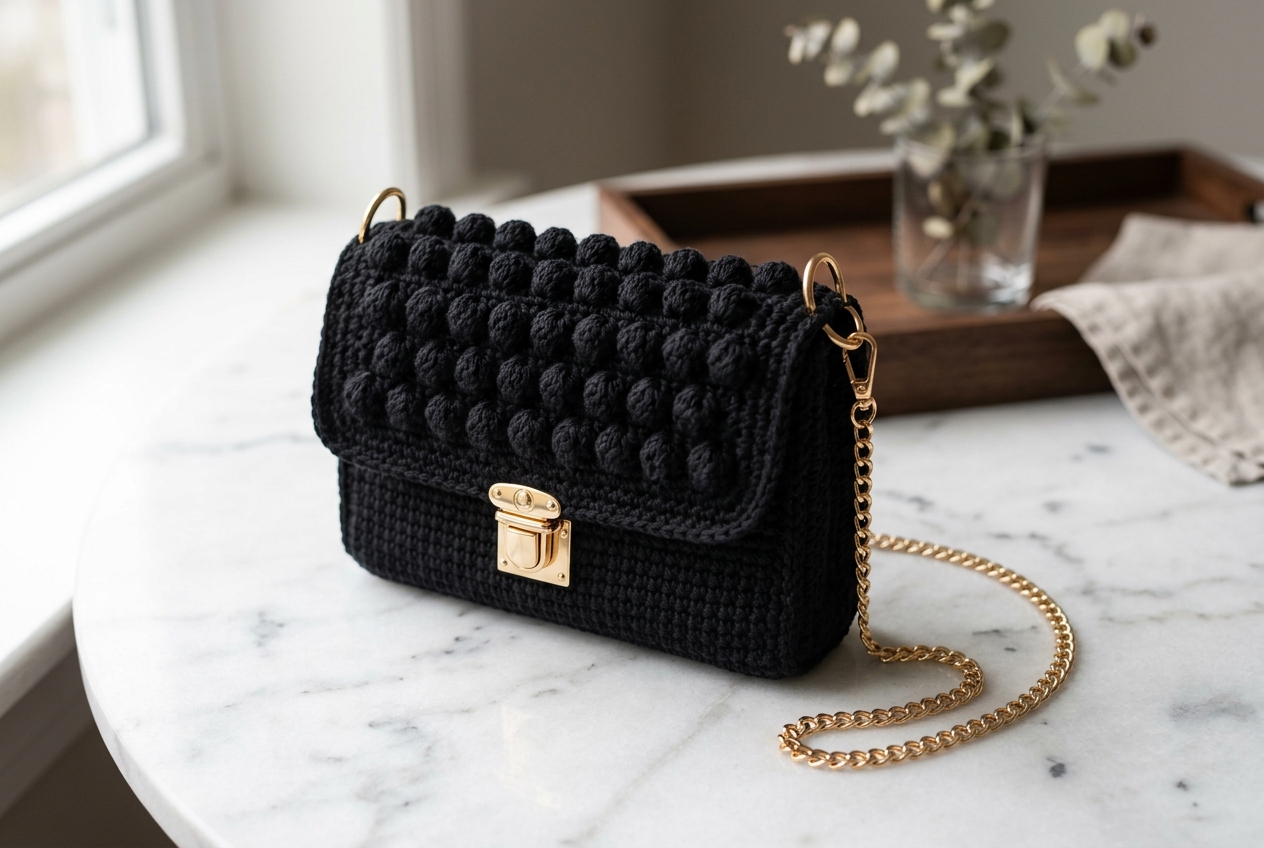 Elegant black crochet clutch purse with bobble stitch flap and gold chain strap on marble surface