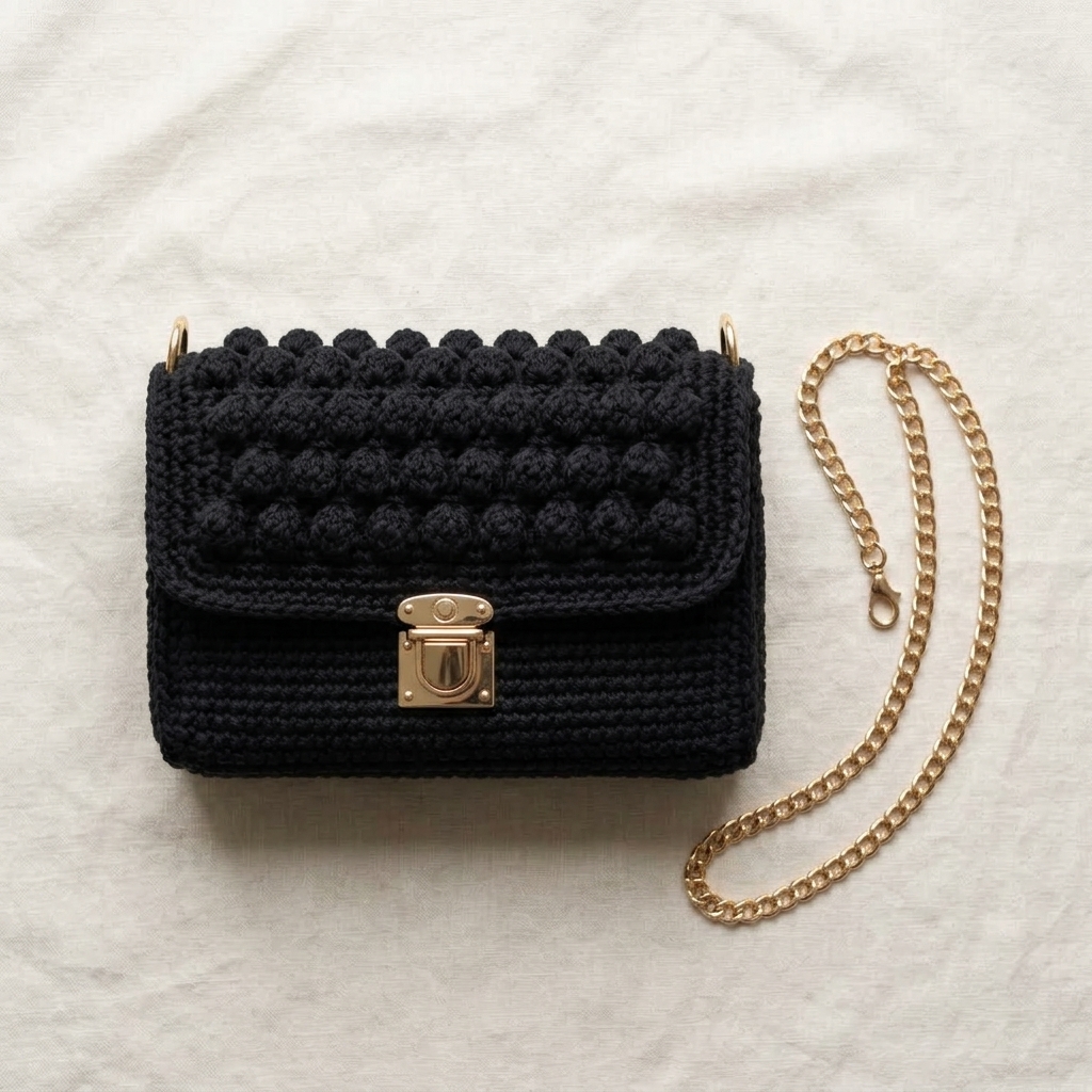 Black crochet clutch purse flat lay showing bobble stitch texture and gold hardware