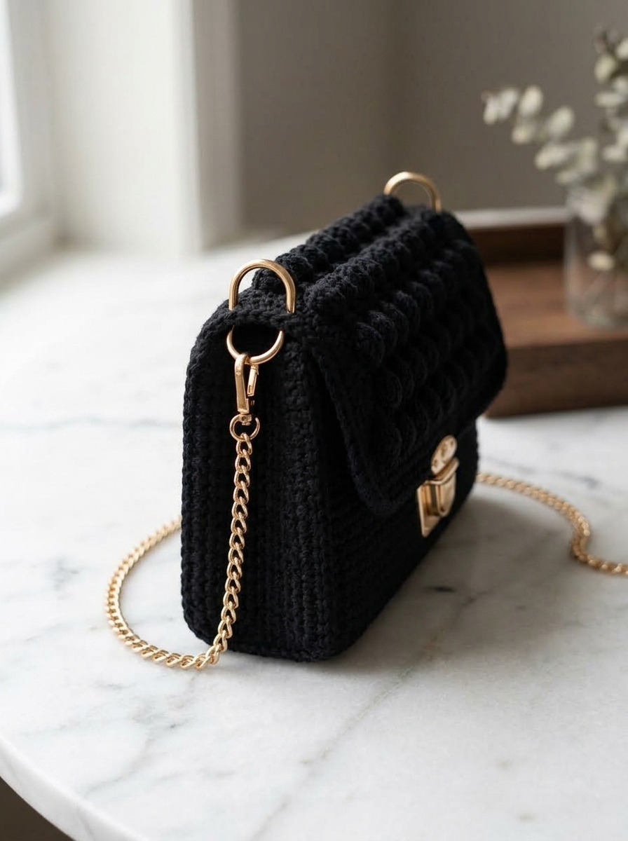 Side view of black crochet clutch purse showing structured shape and gold chain hardware