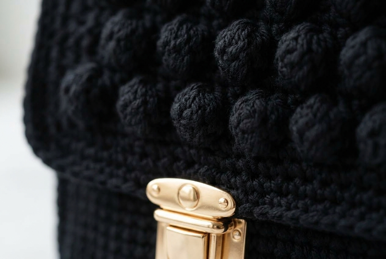 Close-up of bobble stitch crochet texture and gold clasp on black clutch purse