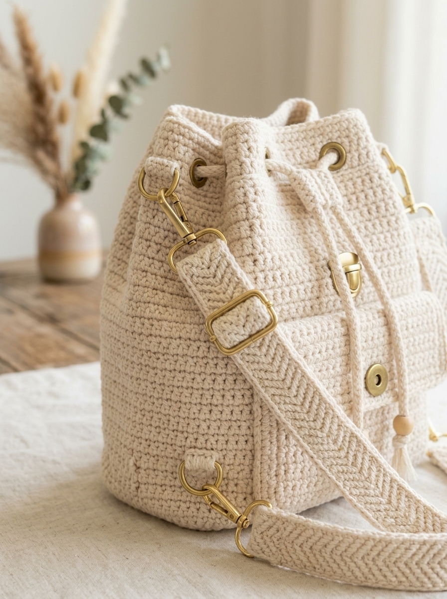 Detail shot of crochet backpack showing side profile and hardware