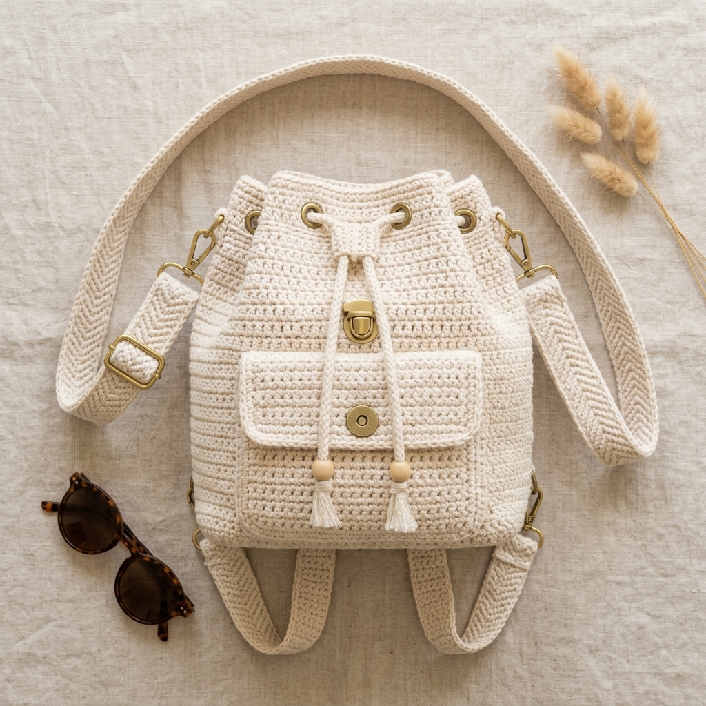 Flat lay of the crochet backpack and supplies