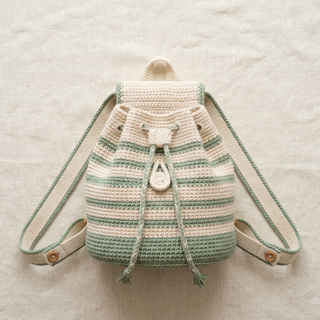 Crochet mini backpack flat lay