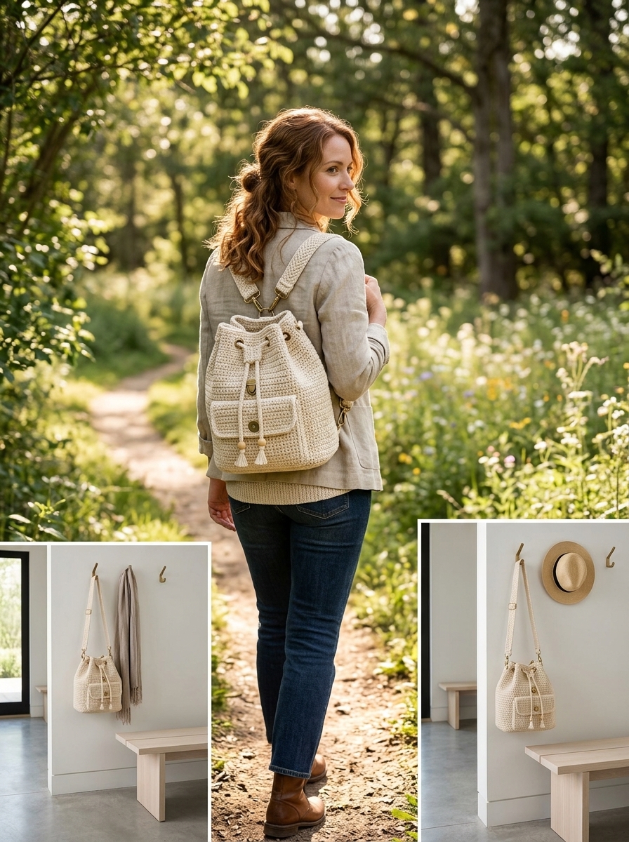 Woman wearing the crochet backpack outdoors in a lifestyle setting