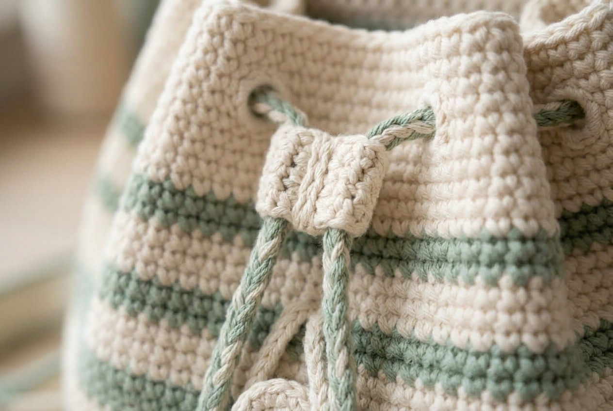 Crochet mini backpack texture closeup