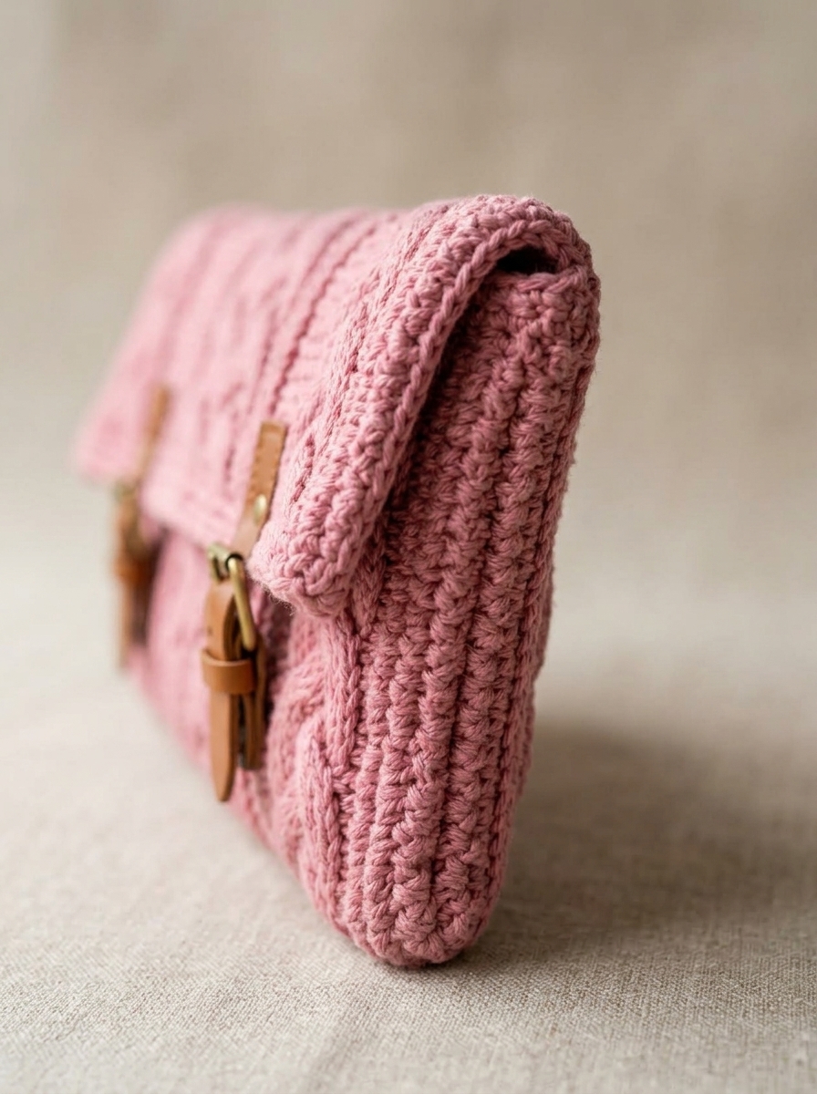 Detail angle shot showing the fold and the leather clasp attachment