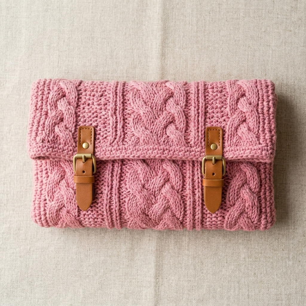 Overhead flat lay of the folded crochet clutch
