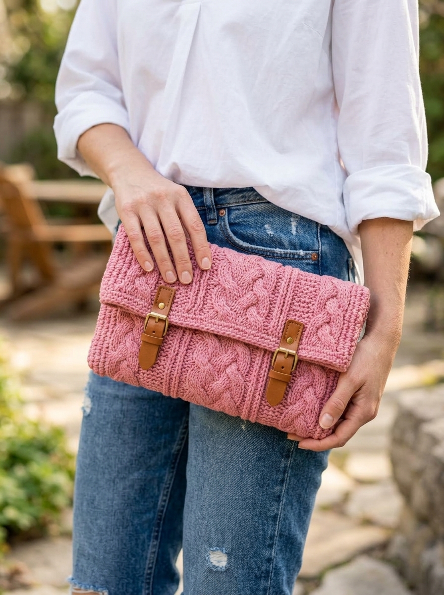 Lifestyle shot of a woman holding the pink crochet clutch bag - crochet clutch bag pattern