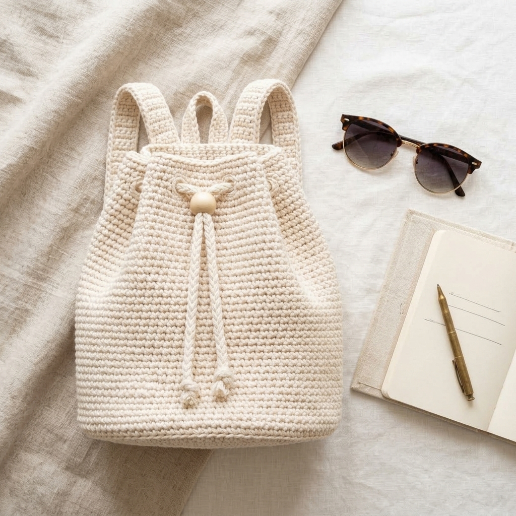 Flat lay of the cream crochet drawstring backpack