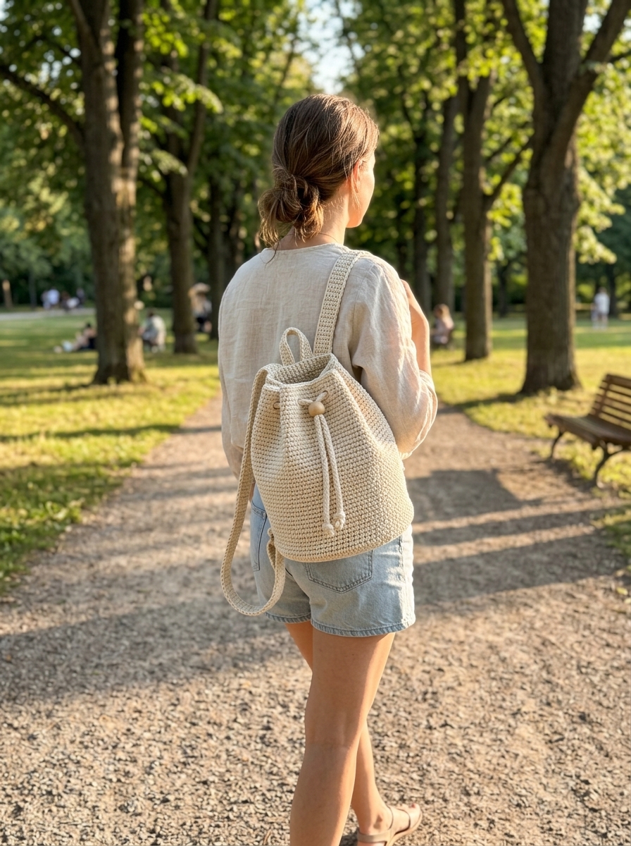 Lifestyle shot of the crochet drawstring backpack - minimalist crochet drawstring backpack