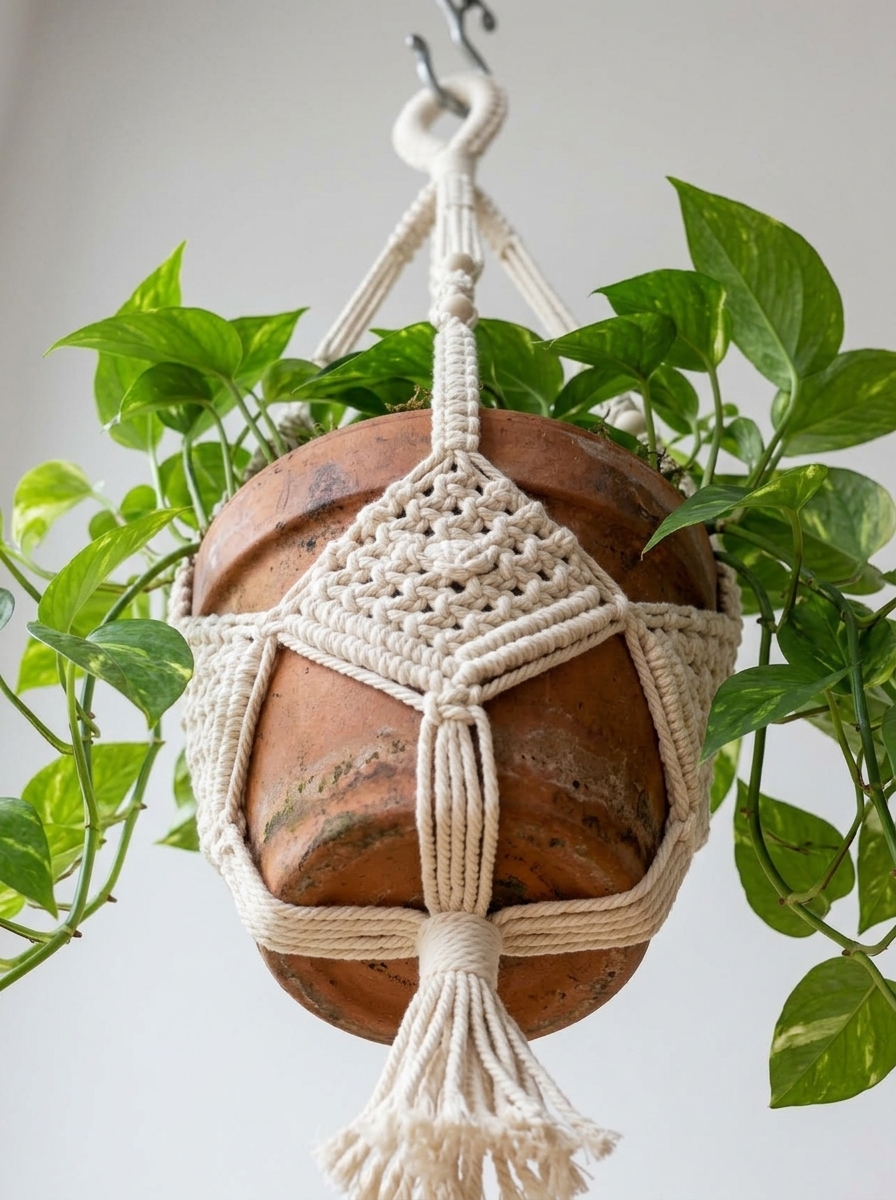 Crochet plant hanger detail shot
