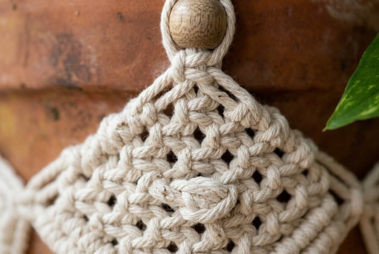 Crochet plant hanger texture close up
