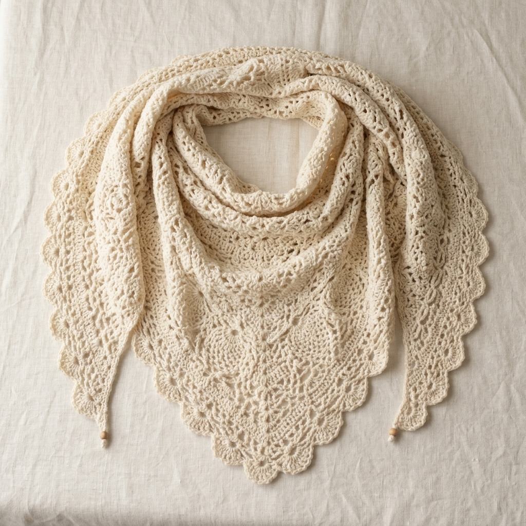 Overhead flat lay of delicate dusty rose lace crochet shawl on white linen