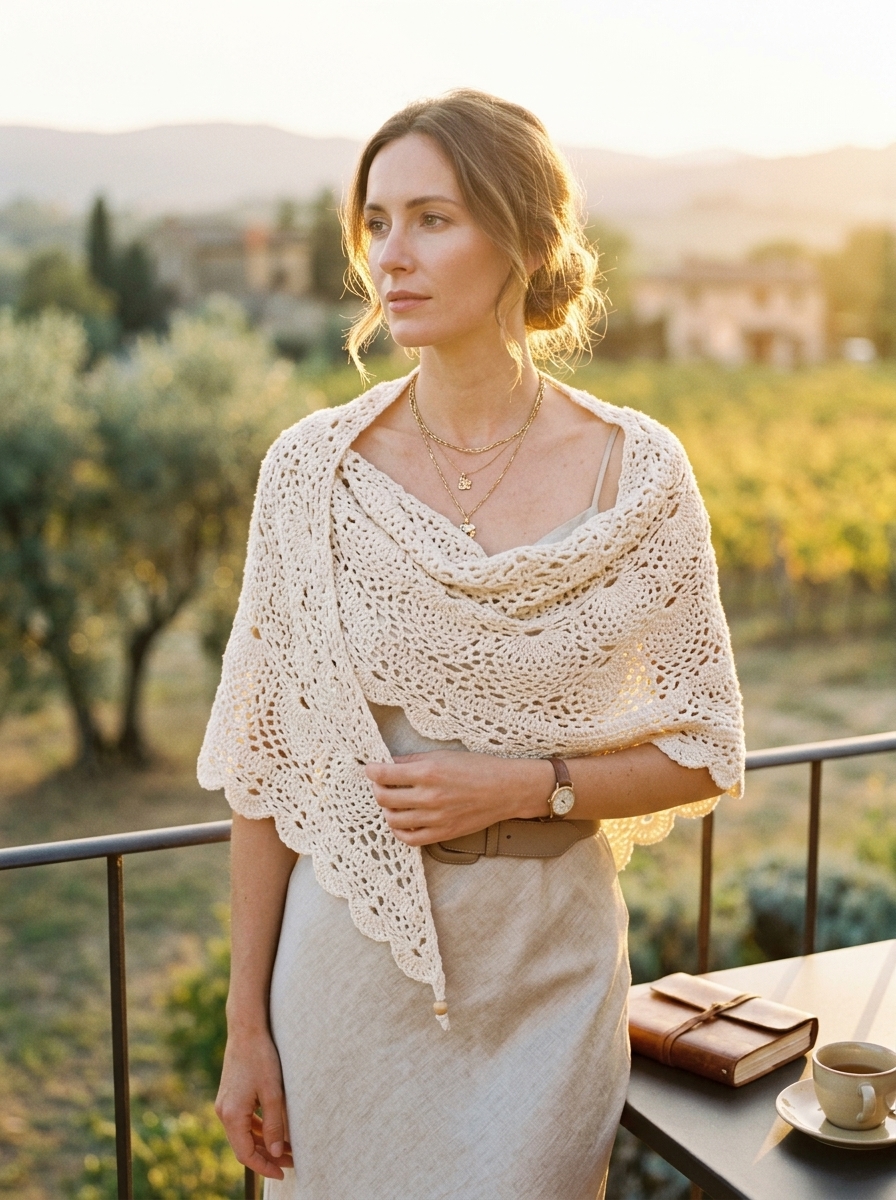 Woman wearing elegant dusty rose crochet wrap outdoors