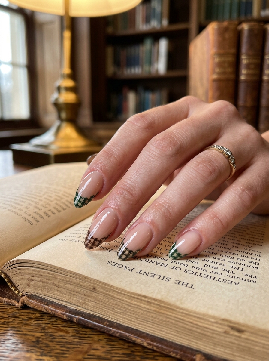 Hunter Green & Espresso Houndstooth French Tips - moody dark academia nail art - dark academia nails