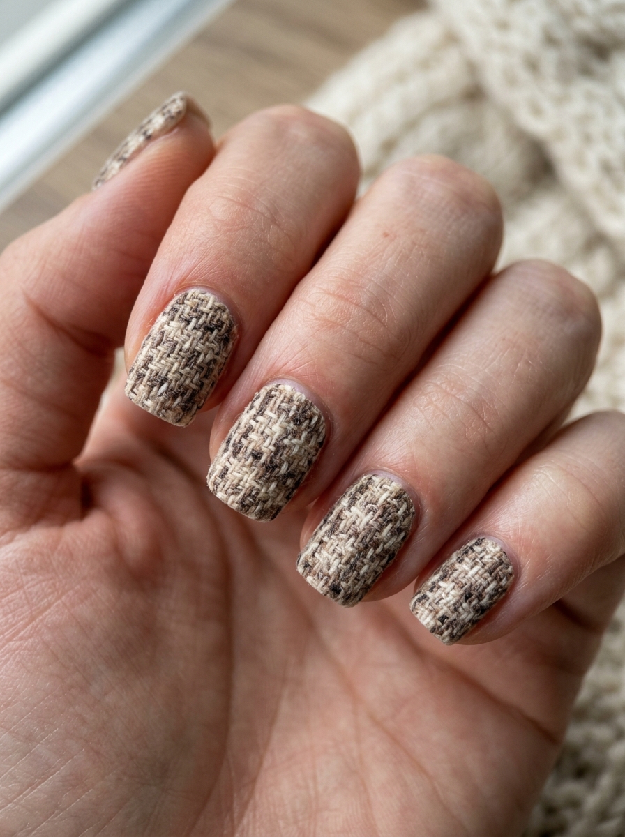 Matte Oatmeal & Chocolate Woven Tweed - moody dark academia nail art