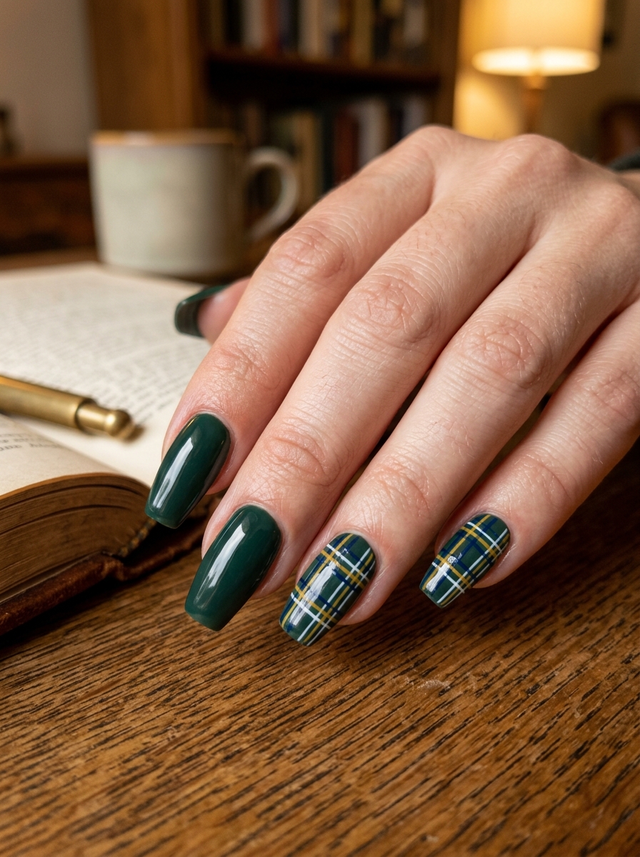 Deep Hunter Green Scottish Tartan Plaid - moody dark academia nail art