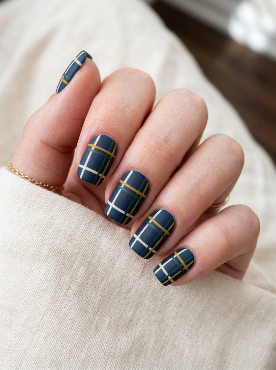 Matte Oxford Navy Collegiate Plaid - moody dark academia nail art