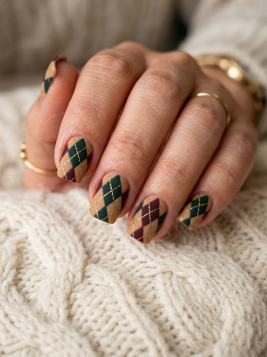 Velvety Camel & Forest Green Argyle Sweater - moody dark academia nail art