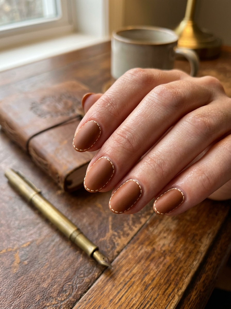 Warm Cognac Leather with Hand-Stitched Edges - moody dark academia nail art
