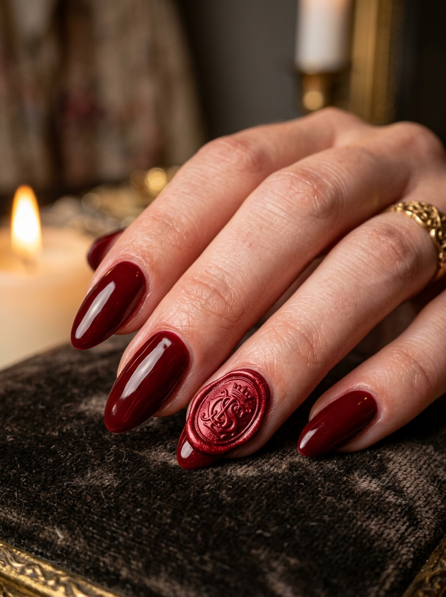 High-Gloss Oxblood with 3D Monogram Wax Seal - moody dark academia nail art