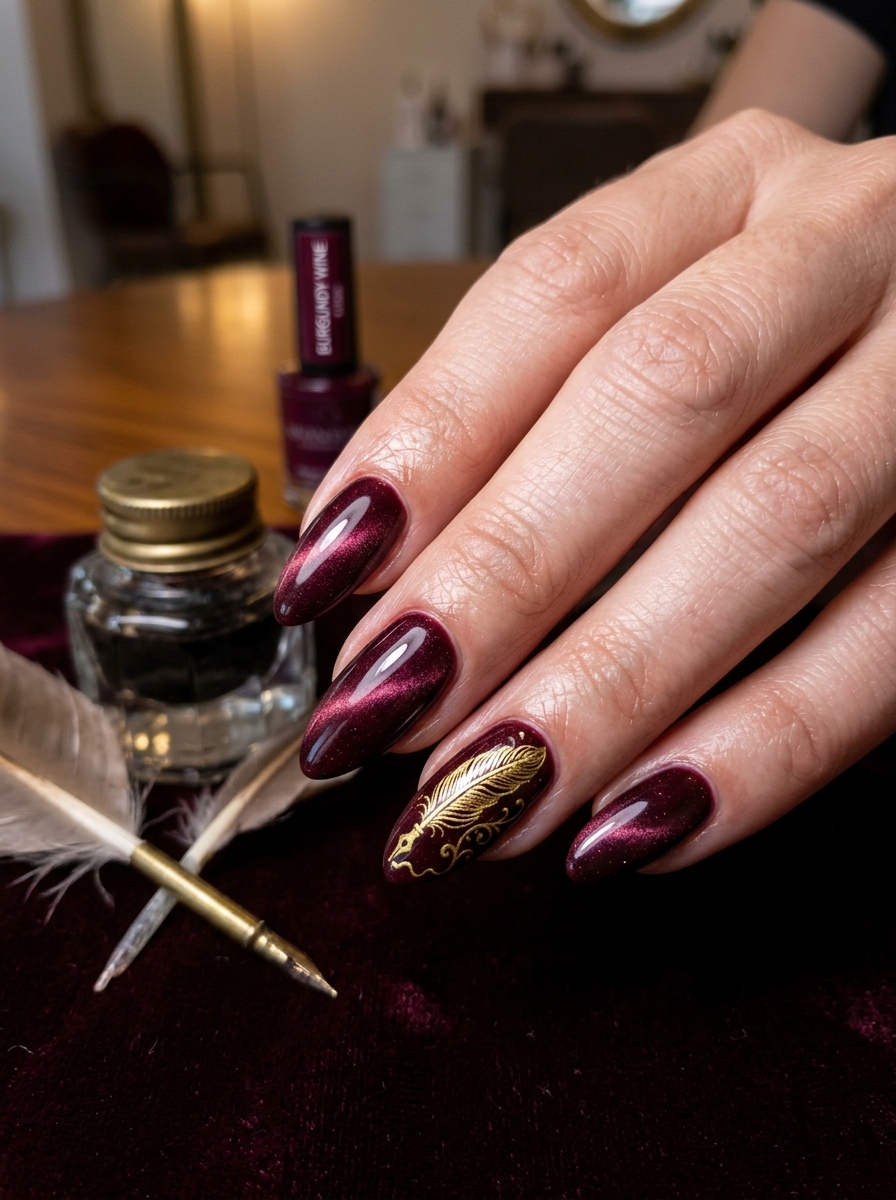 Burgundy Velvet Cat-Eye with Gold Feather Quill - moody dark academia nail art
