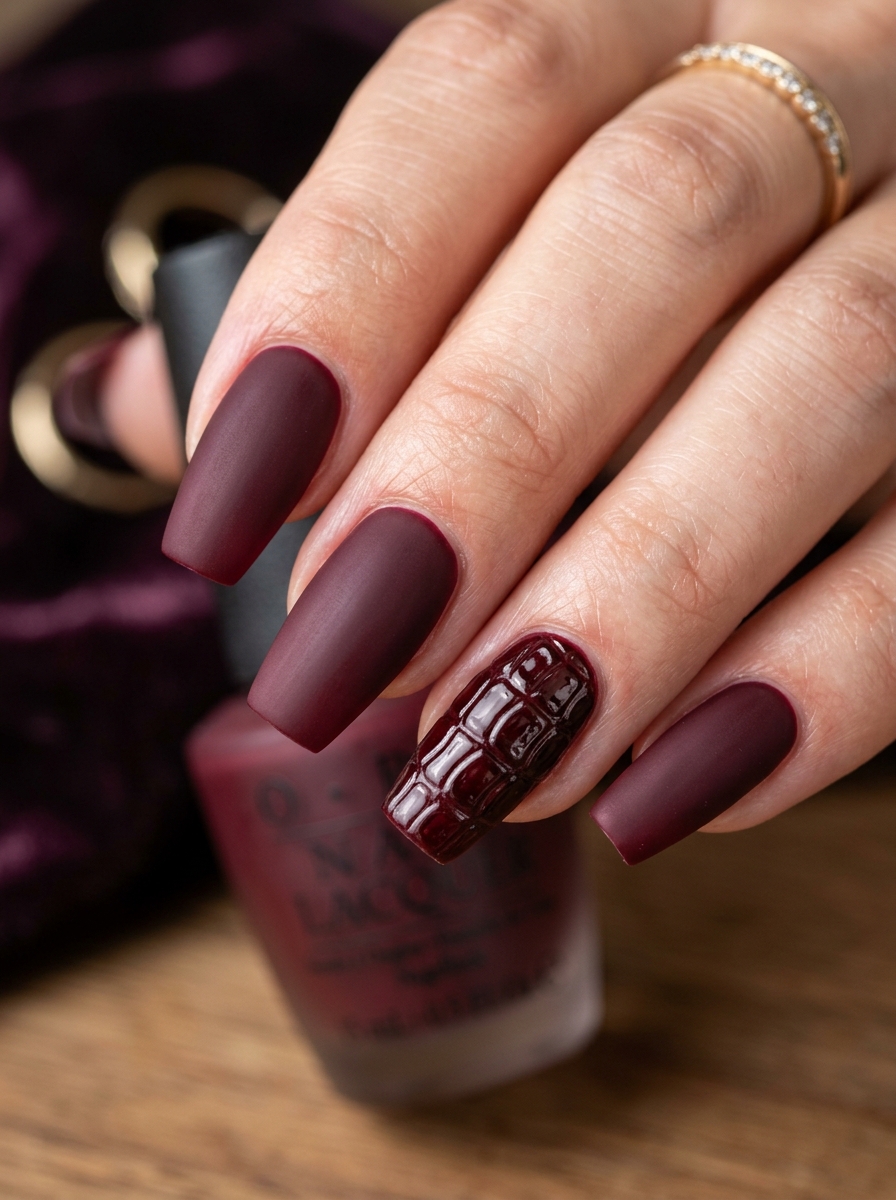 Matte Oxblood Burgundy with 3D Croc Leather Scales - moody dark academia nail art
